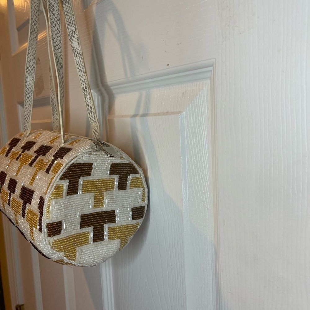Eswanny beaded Brown,gold &beige satchel faux leather reptile print straps - Picture 5 of 16